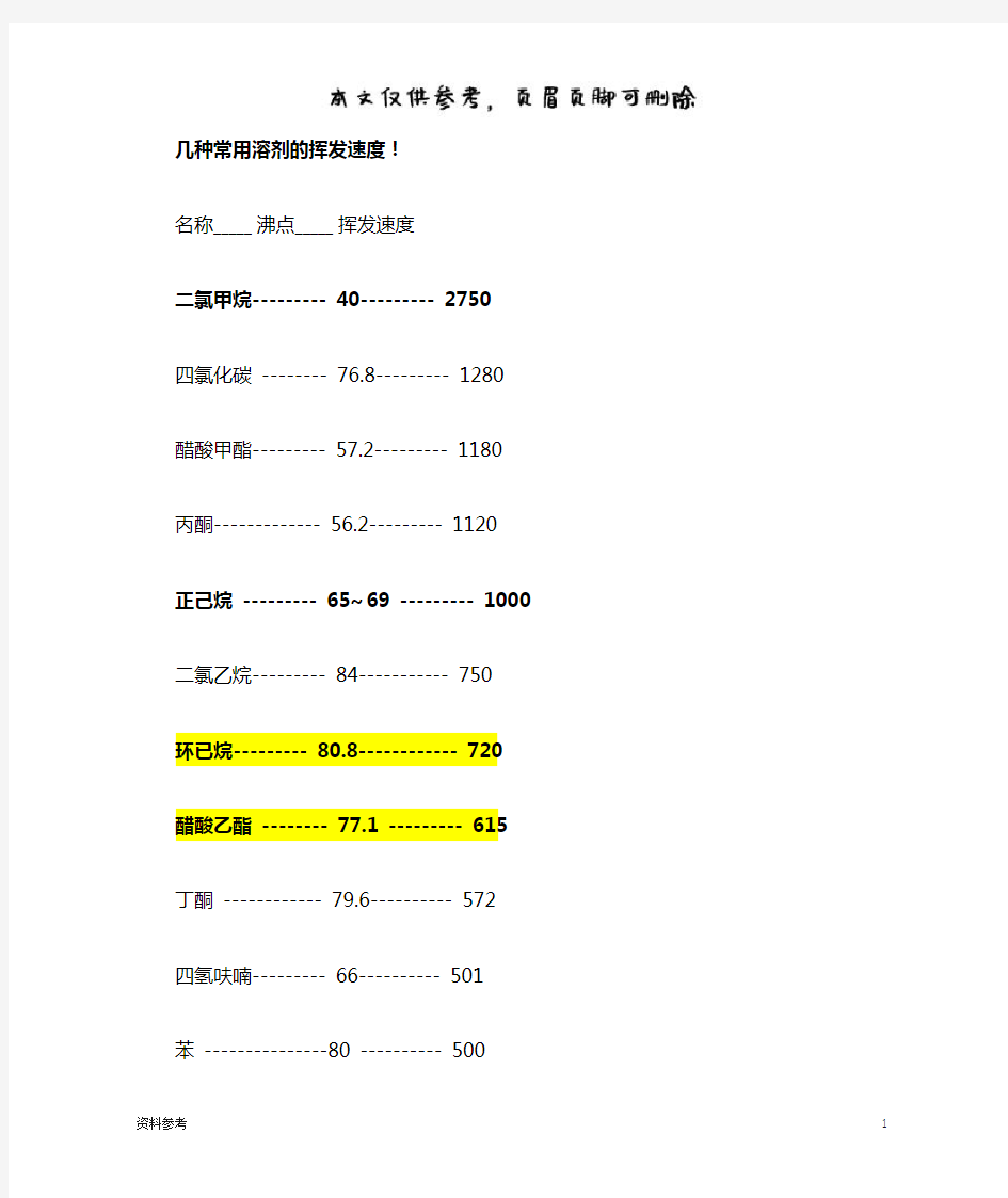 几种常用溶剂的挥发速度[参照材料]