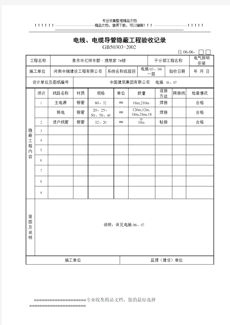 06电线、电缆导管隐蔽工程验收记录