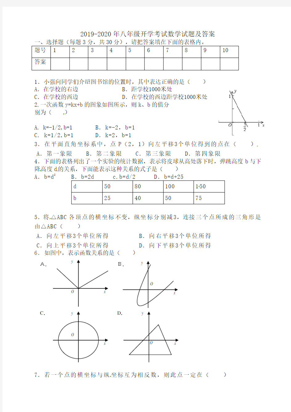 2019-2020年八年级开学考试数学试题及答案