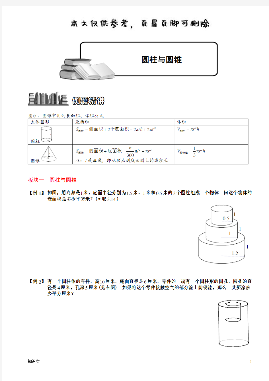 圆柱、圆锥常用的表面积、体积公式(学习资料)