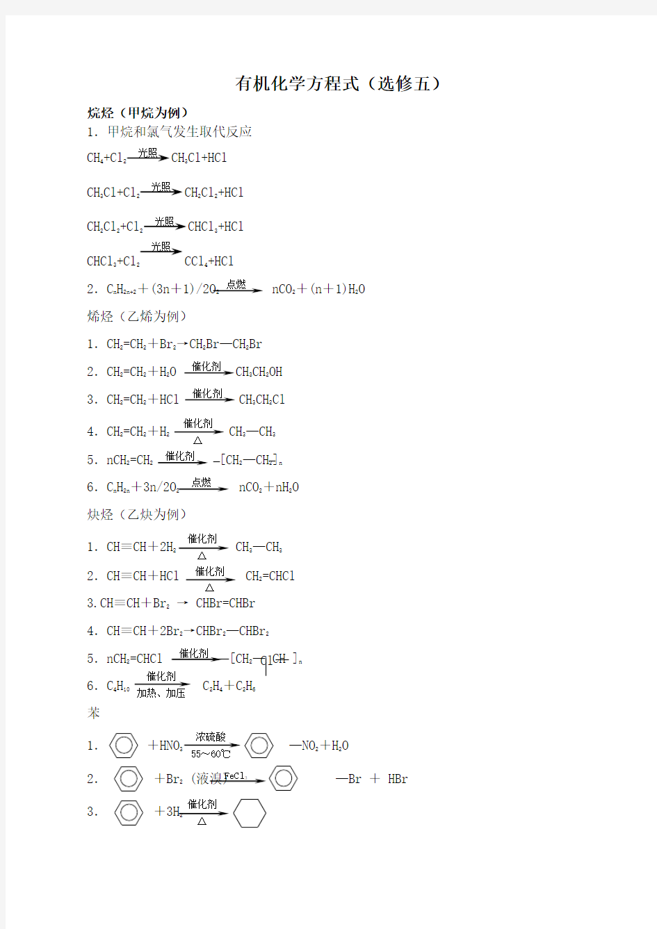 高中化学选修化学方程式总汇