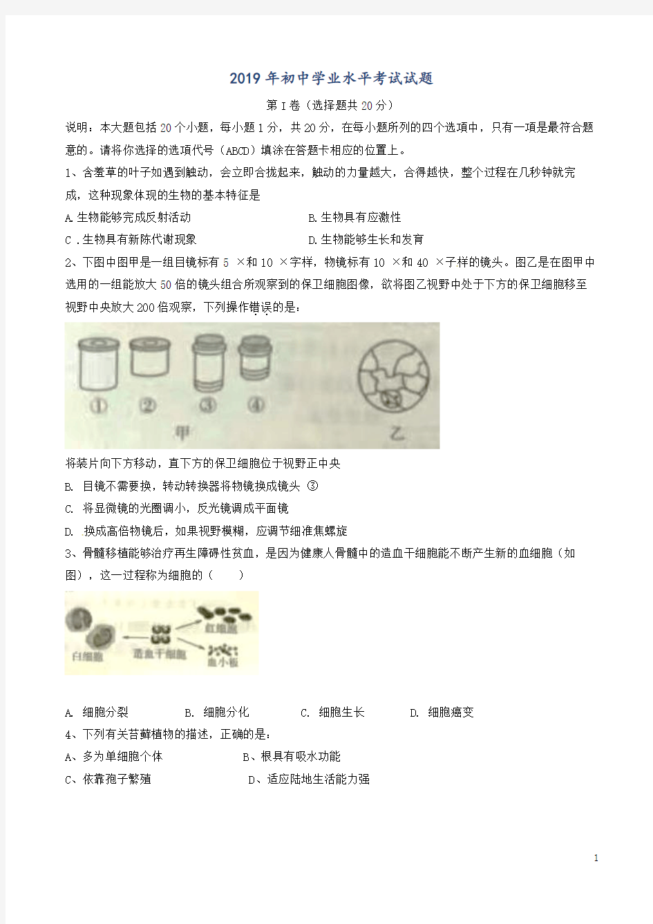 山东省2019年中考生物真题试题(含答案)