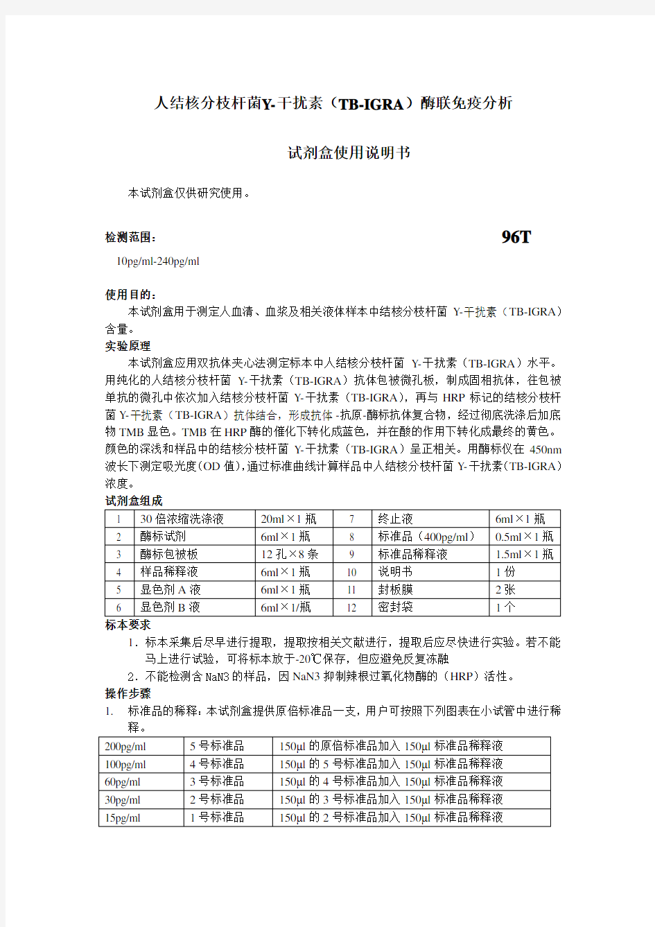 TB-IGRA酶联免疫分析试剂盒说明书