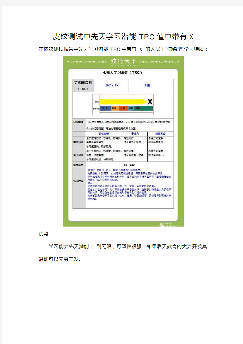 皮纹测试中的先天学习潜能TRC值中有X的报告解读