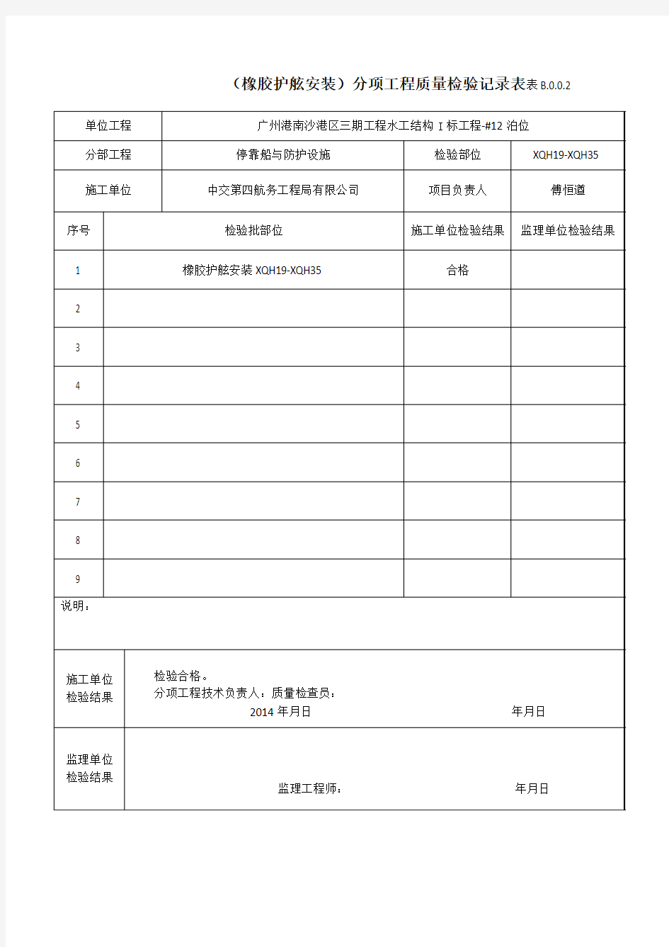 (橡胶护舷安装)分项工程质量检验记录表