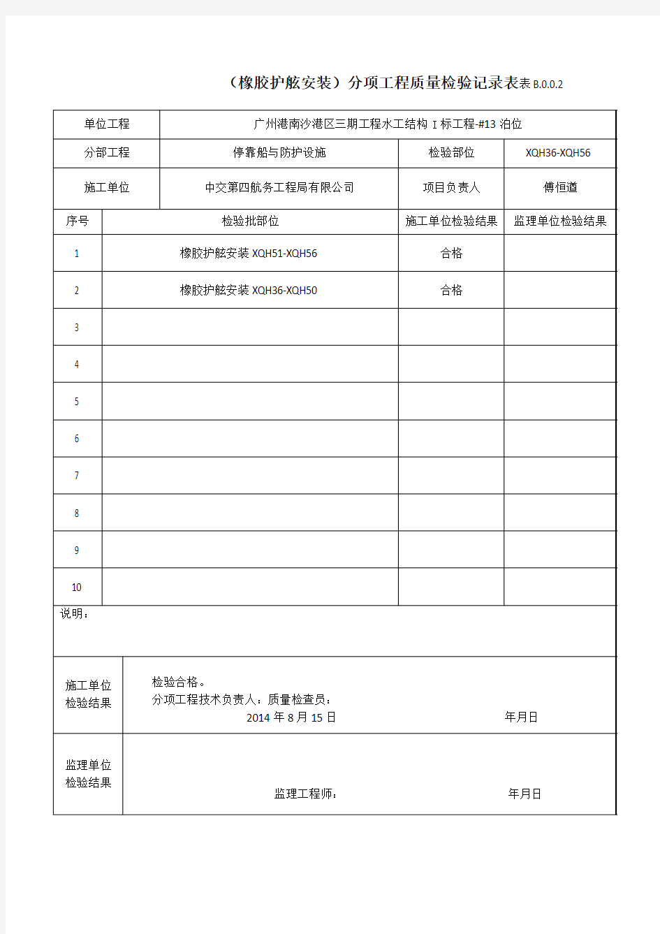 (橡胶护舷安装)分项工程质量检验记录表