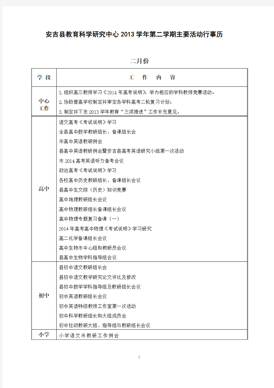 三、主要工作行事历