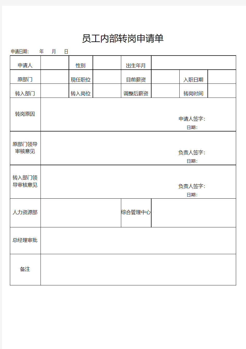 员工内部转岗申请单-