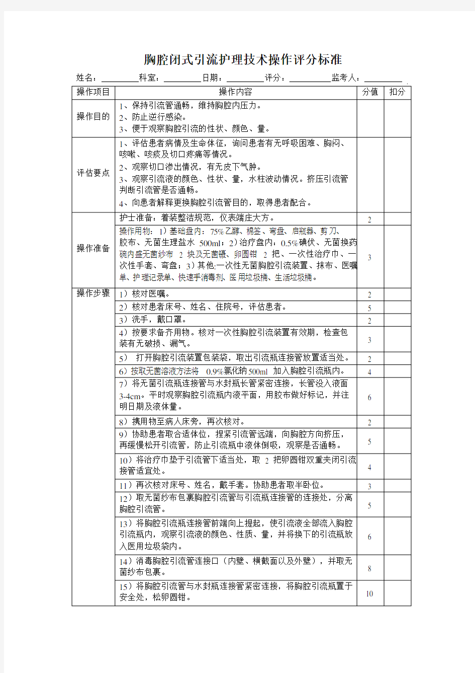 胸腔闭式引流护理技术操作评分标准