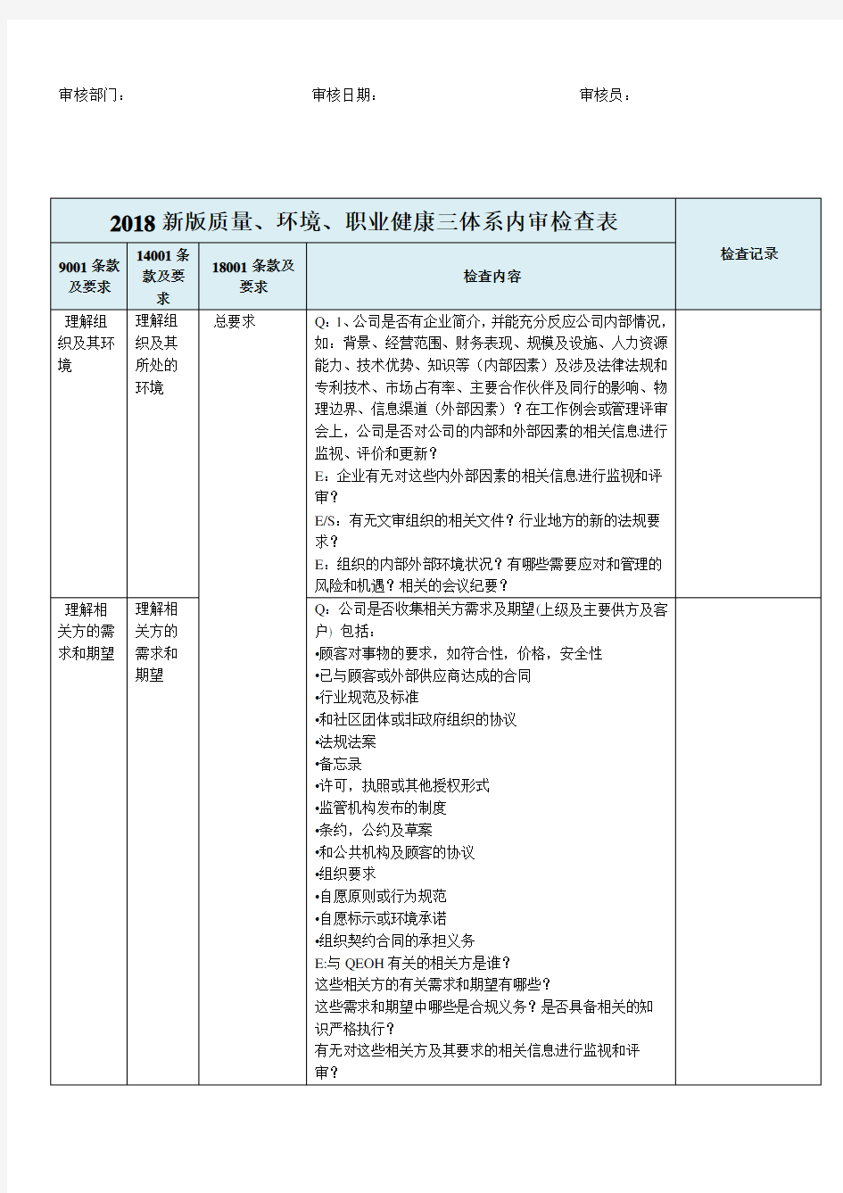 2019年新版三体系内审检查表