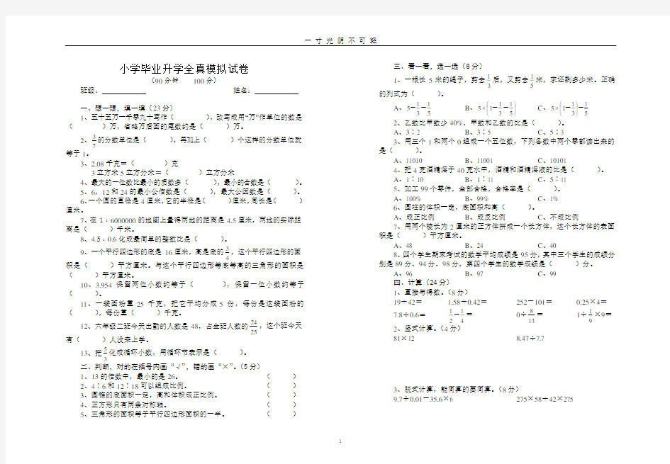 小学毕业升学全真模拟试卷.doc