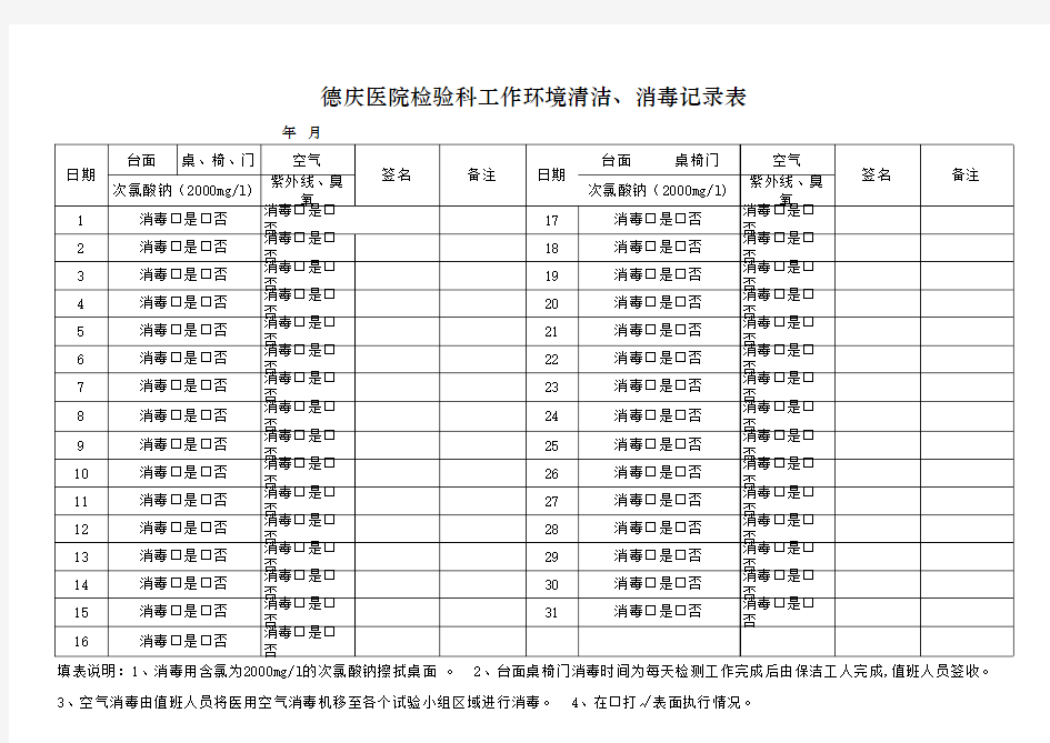 检验科工作环境清洁 消毒记录表 