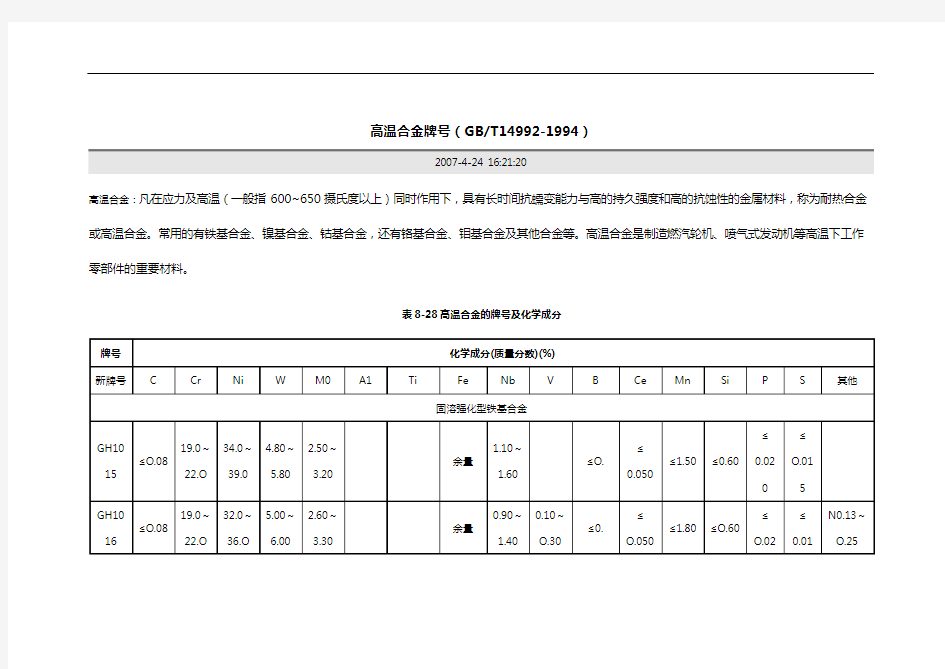 高温合金牌号及具体性能表