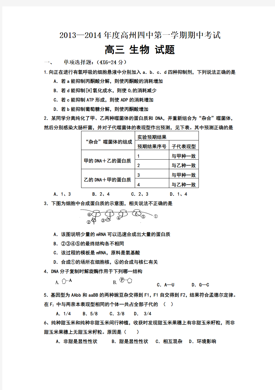 广东省高州四中2014届高三上学期期中考试生物试题 Word版含答案