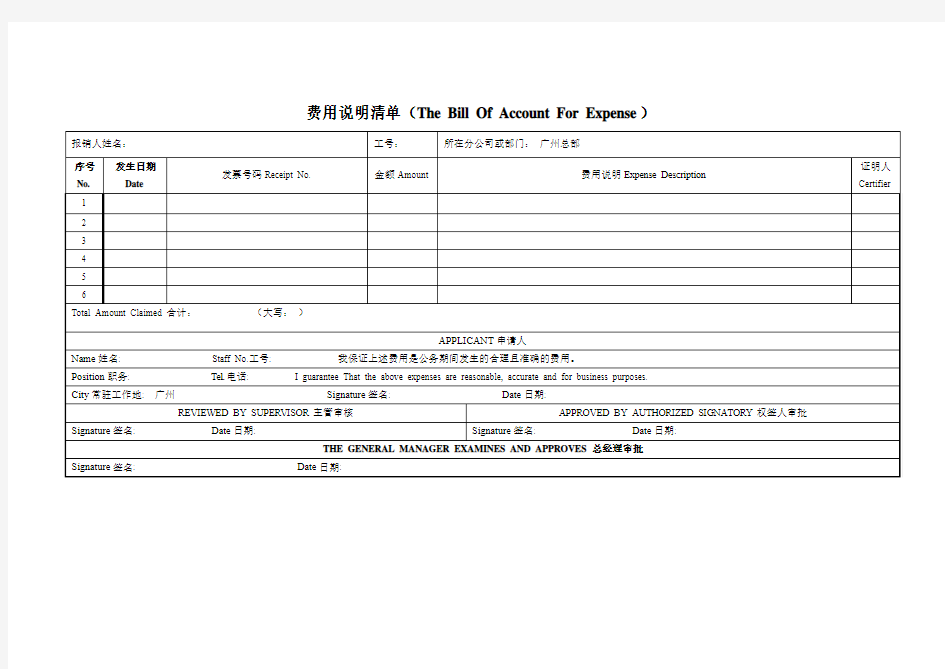 费用报销单说明清单