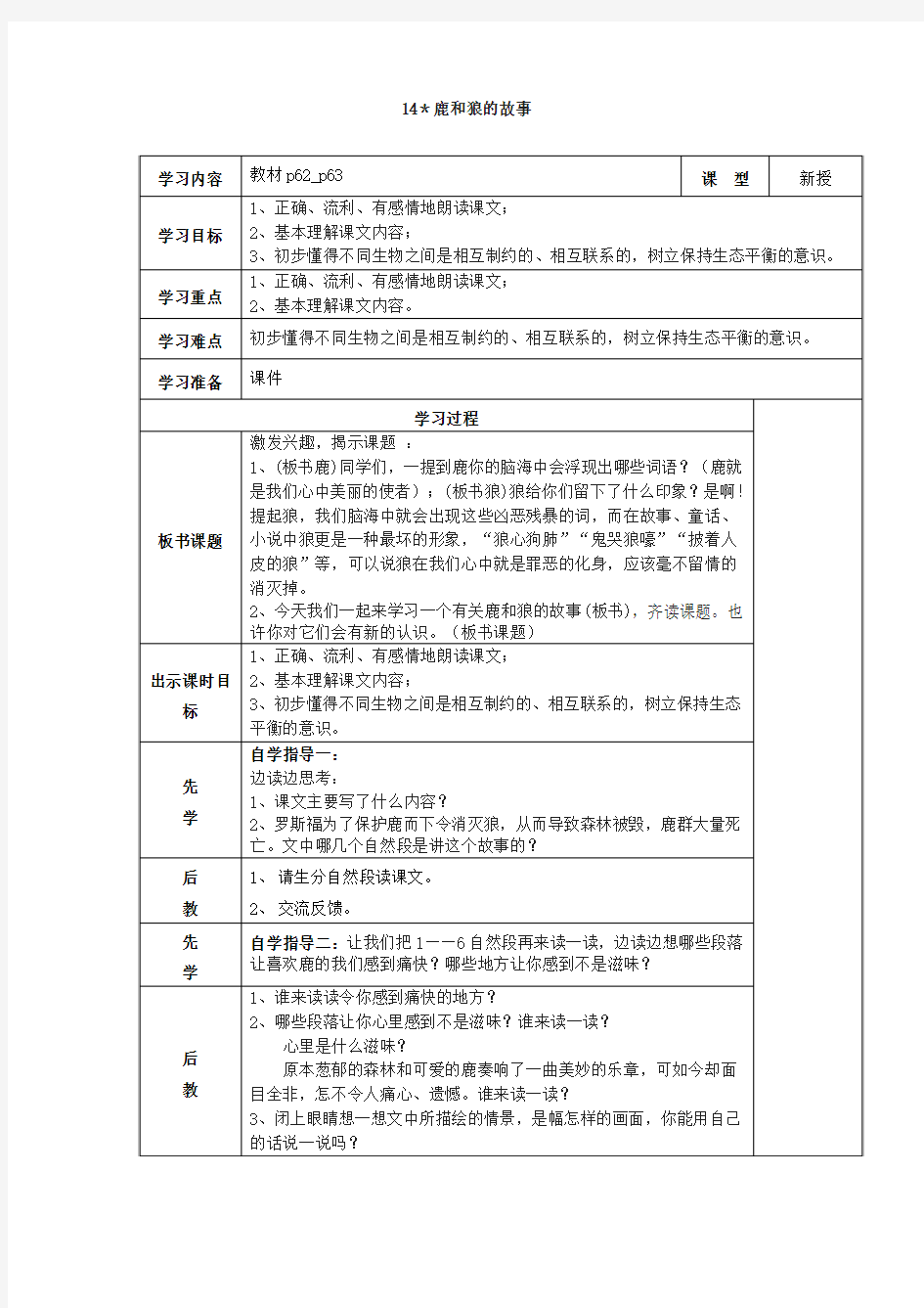 14《鹿和狼的故事》教案