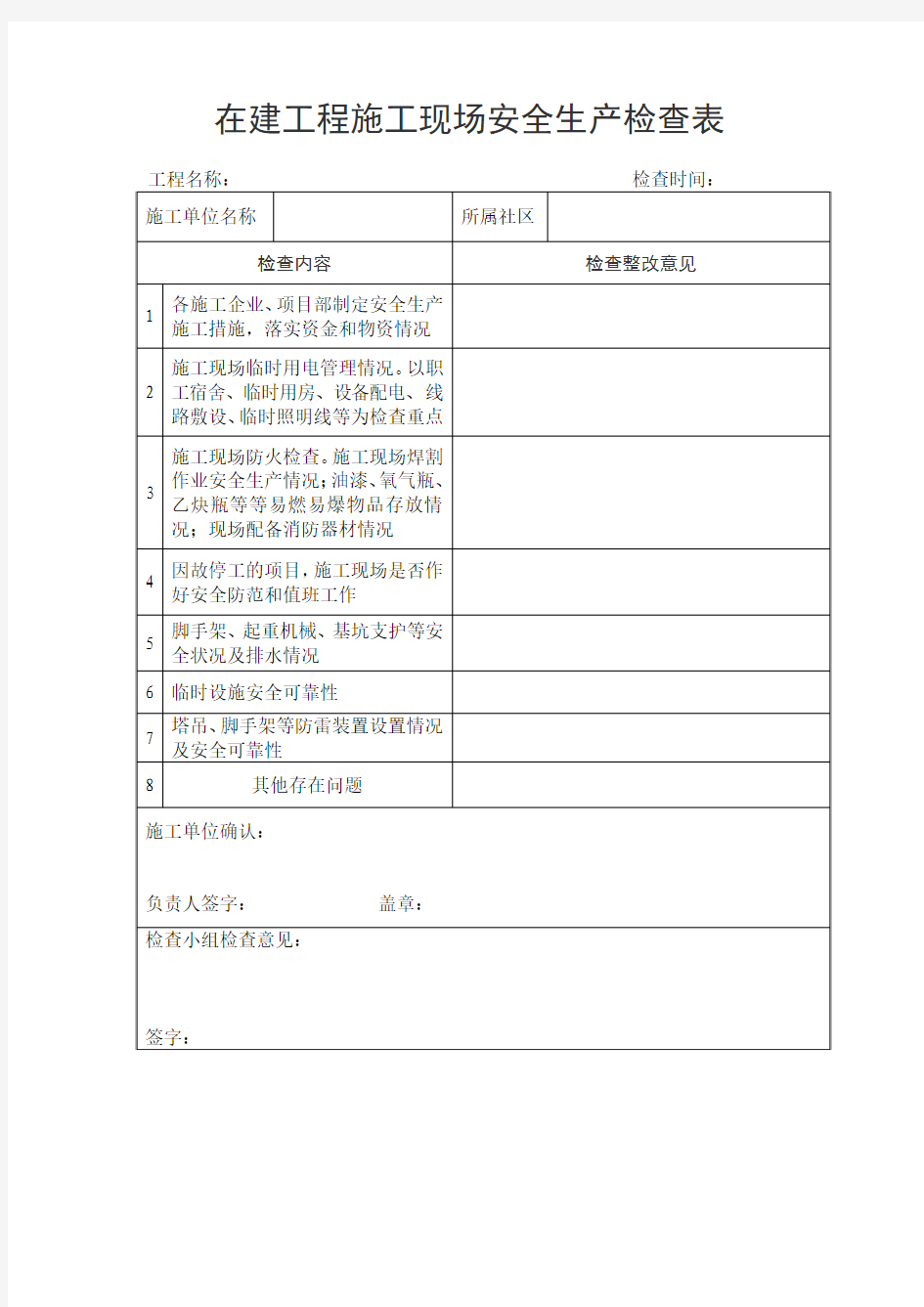 在建工程施工现场安全生产检查表