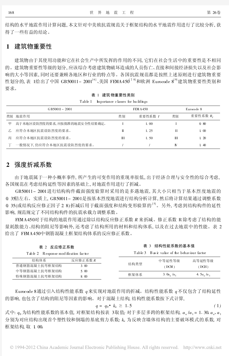 中美欧水平地震作用的比较