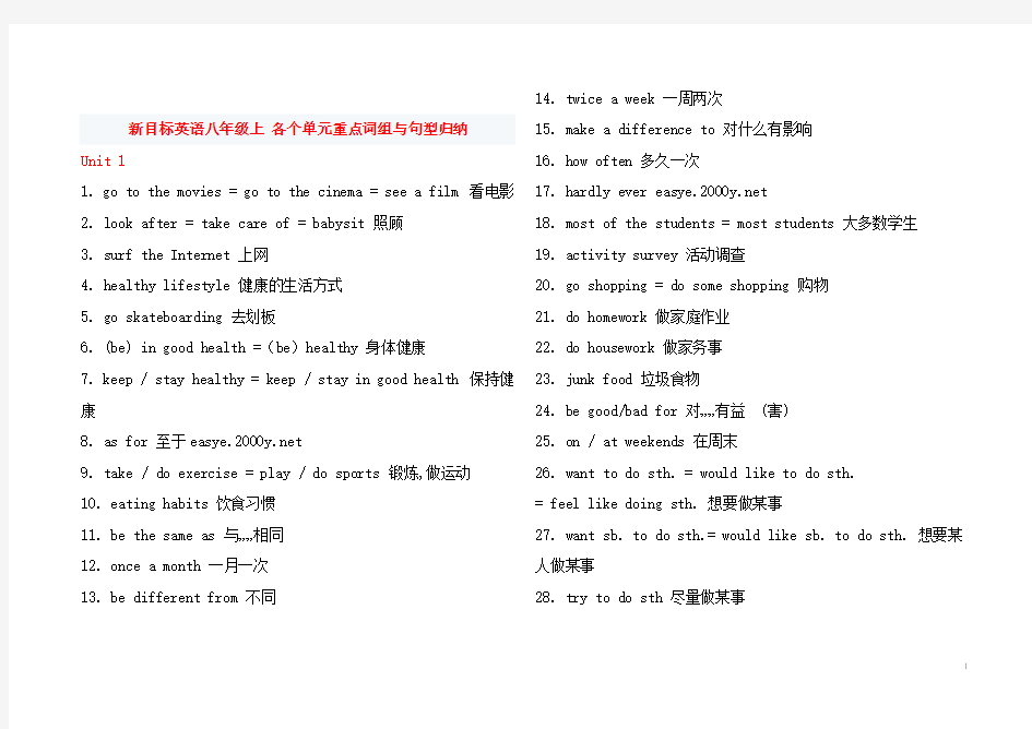 八年级英语上册 各个单元重点词组与句型归纳 人教新目标版