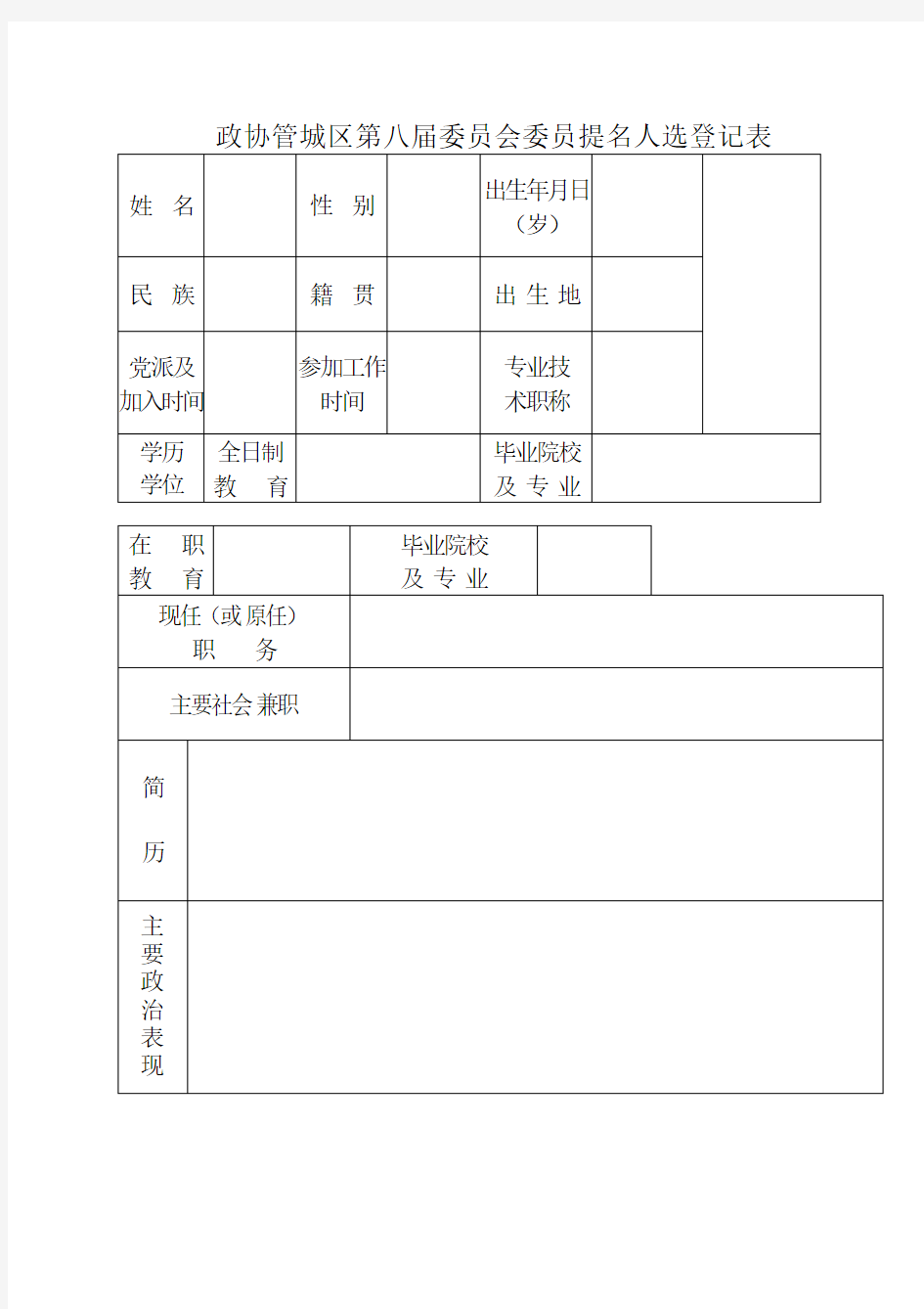 政协委员会委员提名人选登记表