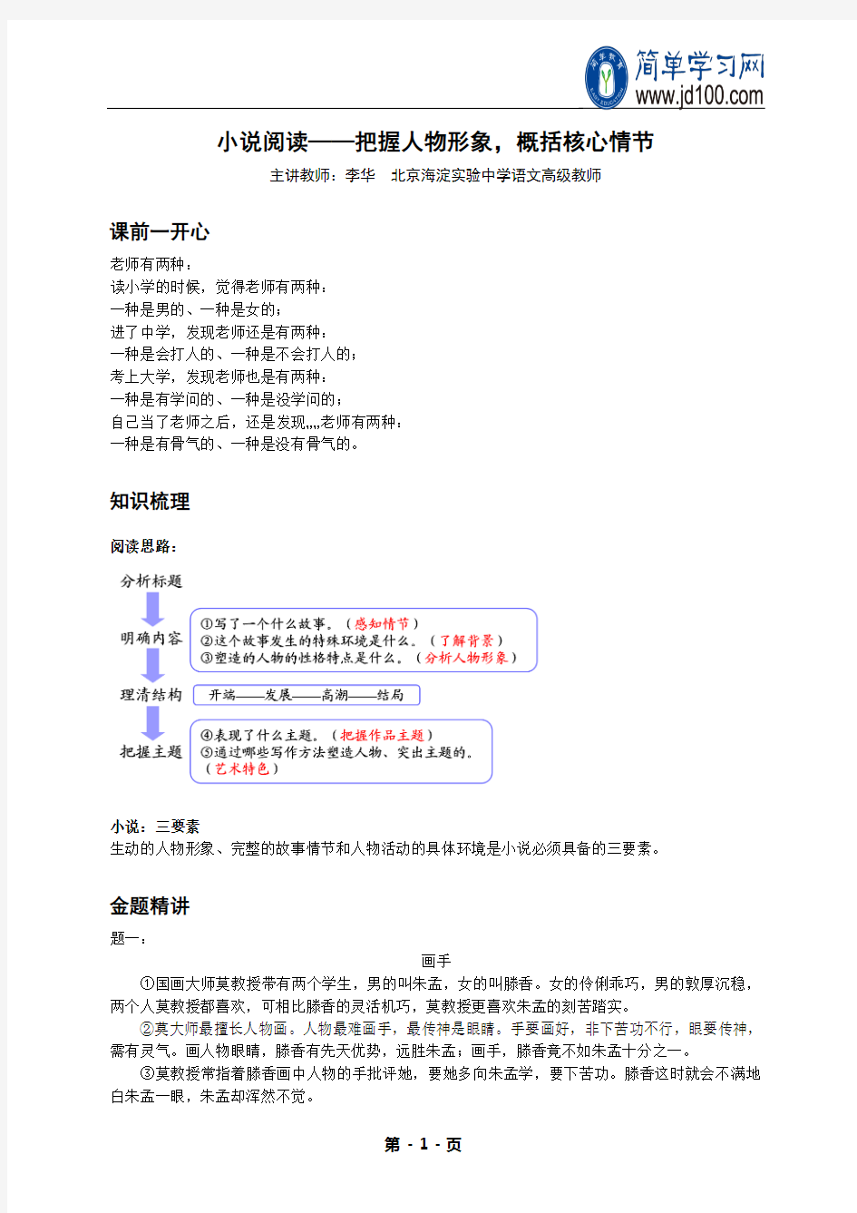 专题 小说阅读——把握人物形象,概括核心情节-讲义