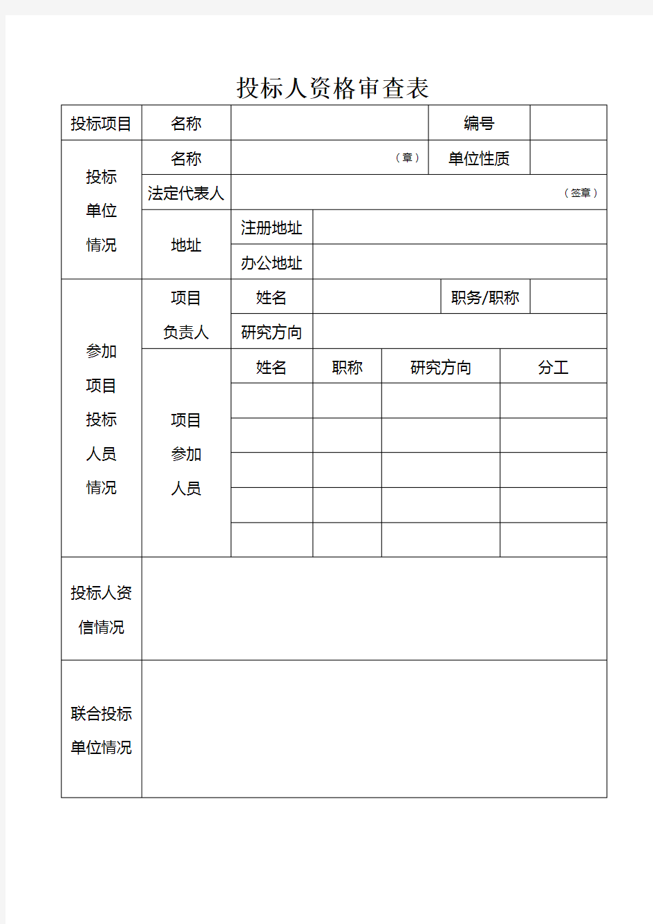 投标人资格审查表