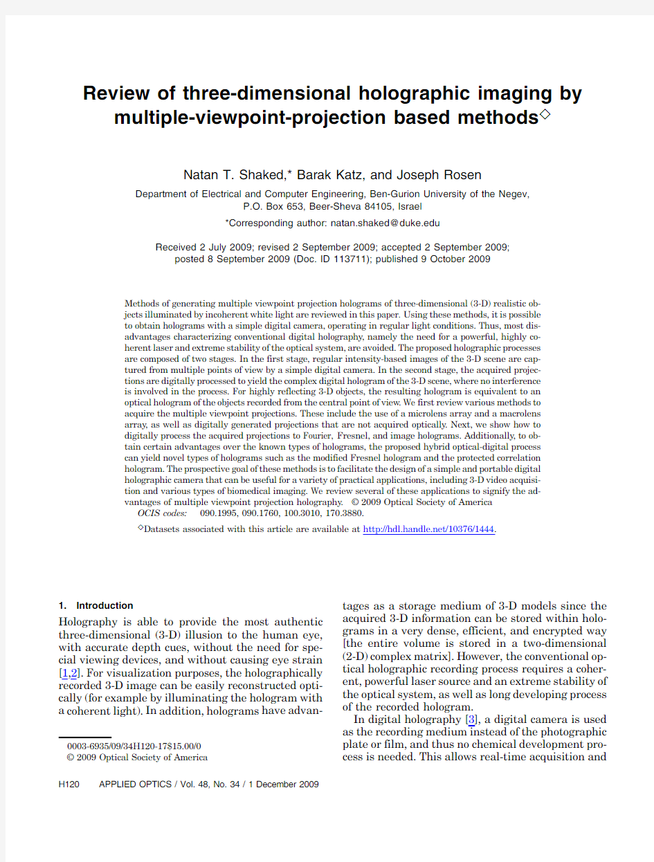 Review of three dimensional holographic imaging by multipleviewpoint projection based methods