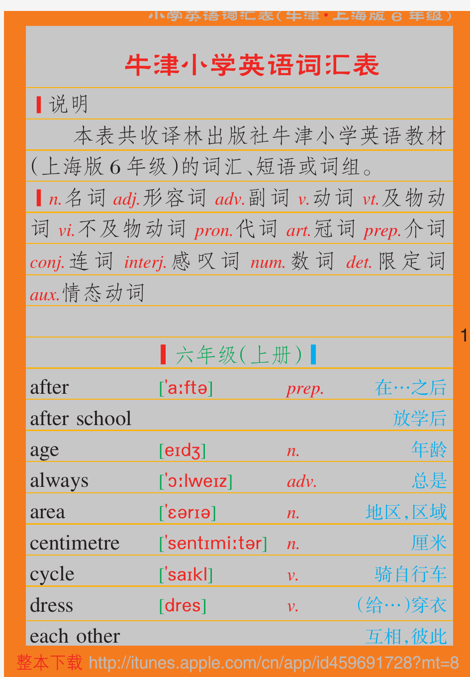 小学英语词汇表(牛津上海版6年级)