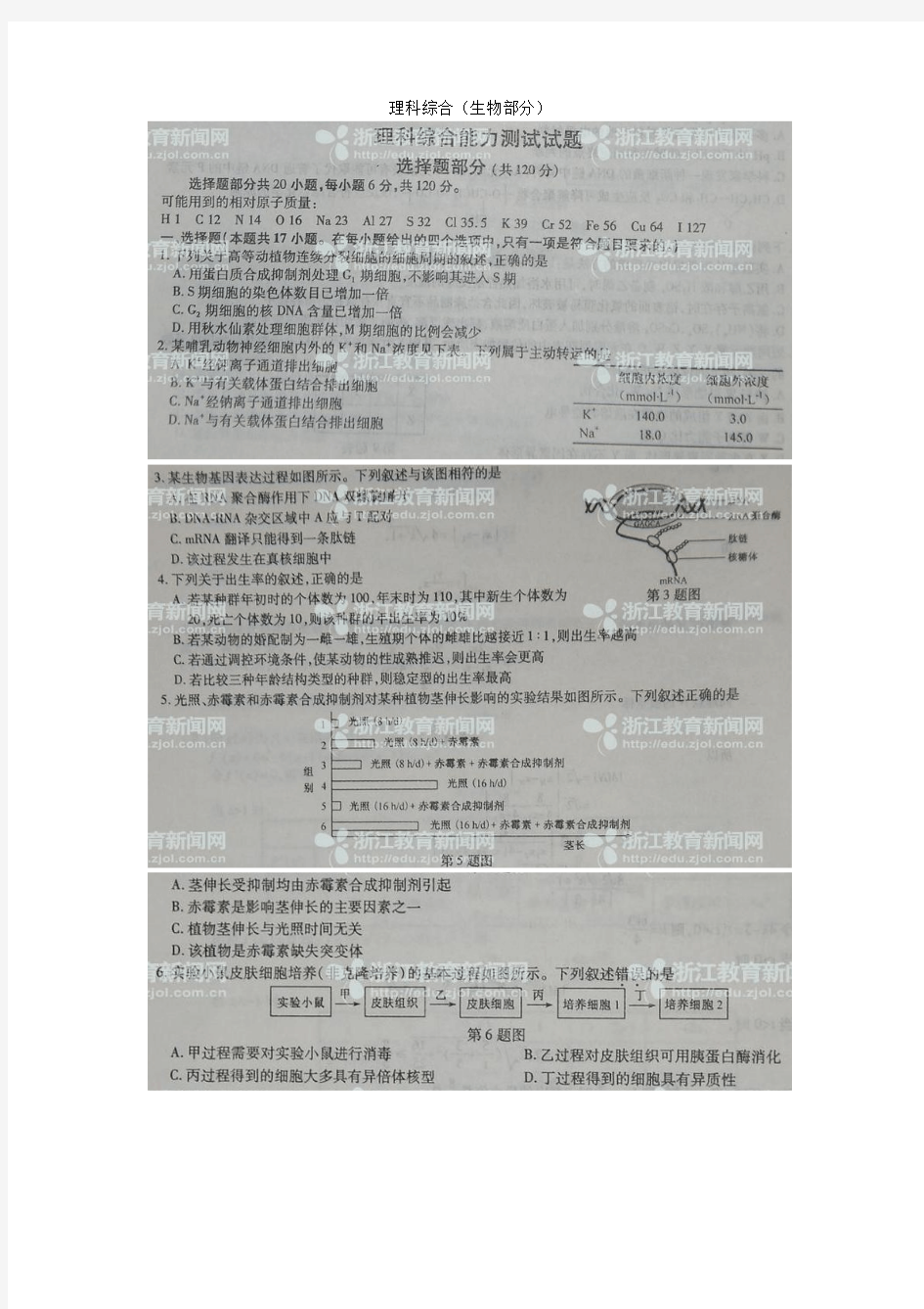 2013年浙江省普通高等学校招生考试理科综合能力测试题