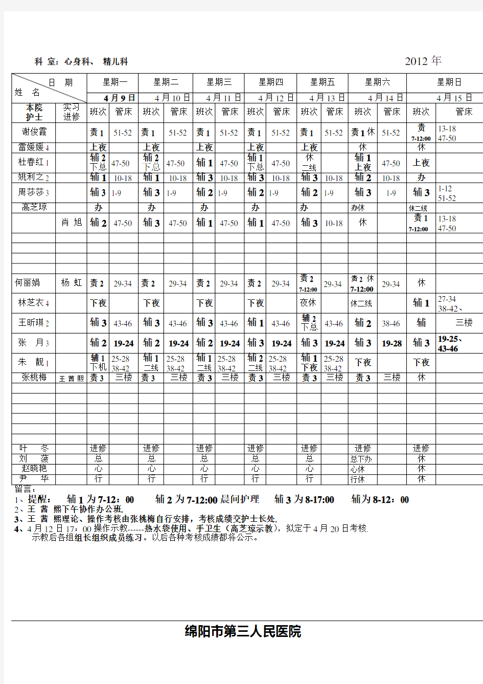 护理人员排班表