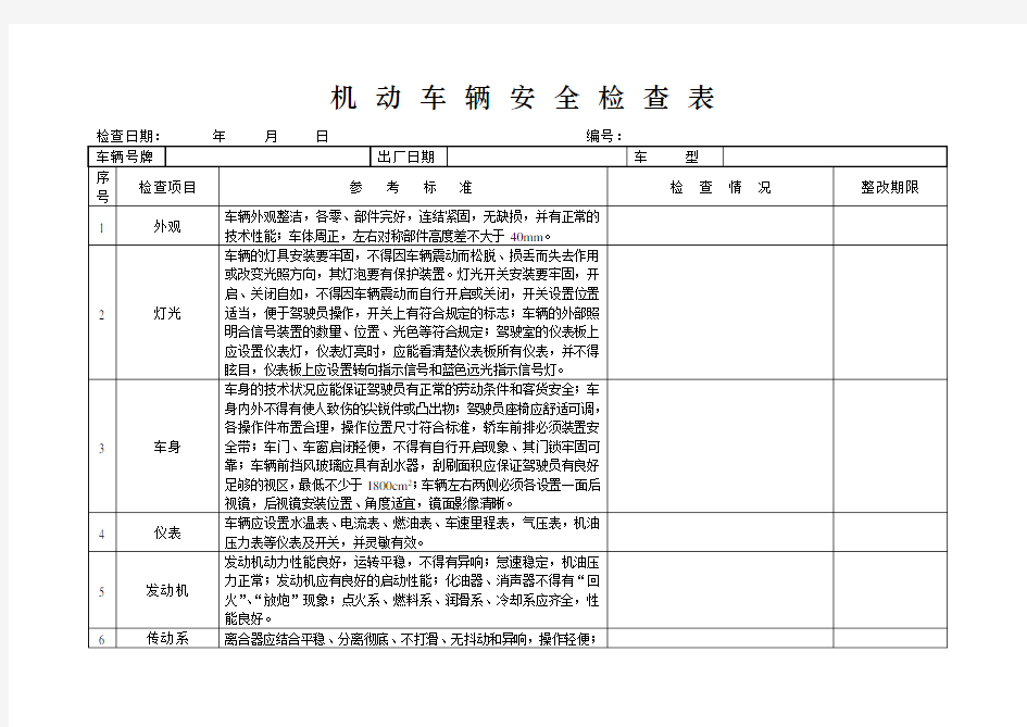 机动车辆安全检查表