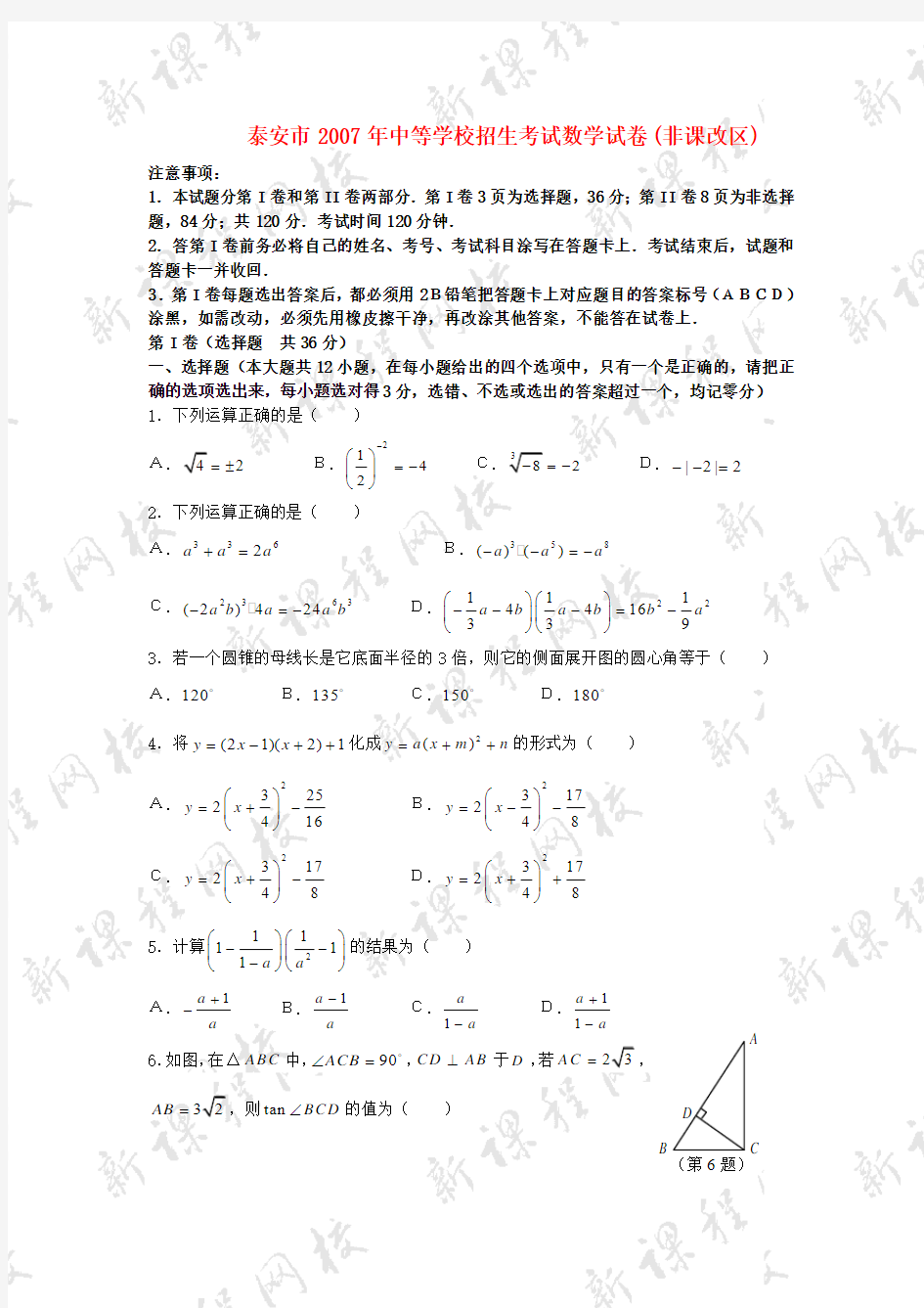 2007年山东省泰安市中等学校招生考试数学试卷及参考答案(非课改区)