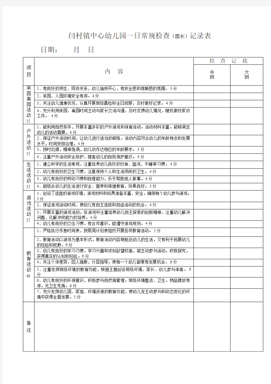 幼儿园班级一日常规检查表