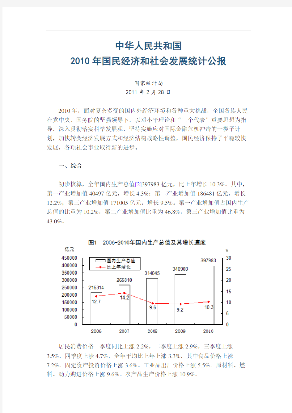 中国2010年国民经济和社会发展统计公报