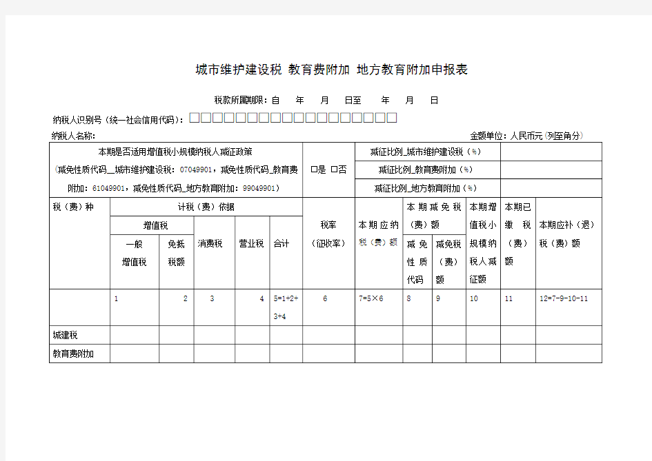 城建税、教育费附加、地方教育附加税(费)申报表