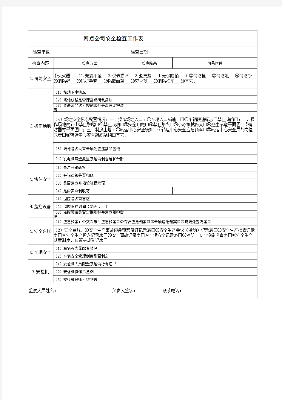 快递网点公司安全检查表 