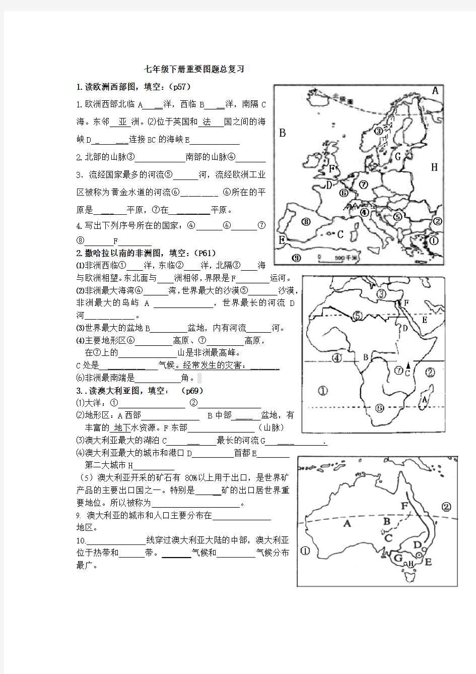 人教版地理七年级下必考图题