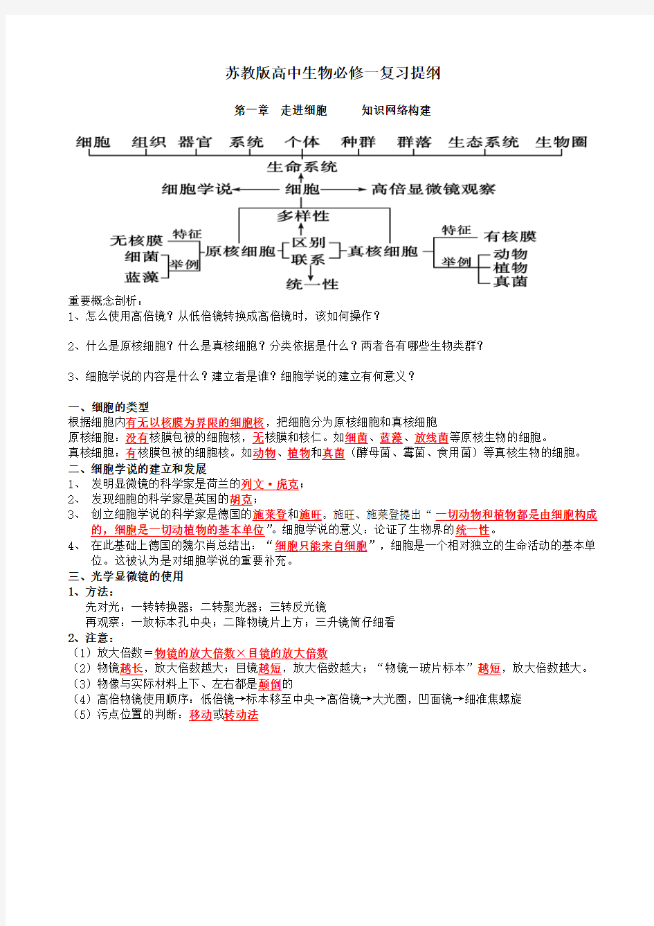 高中生物必修一分子与细胞基础知识点