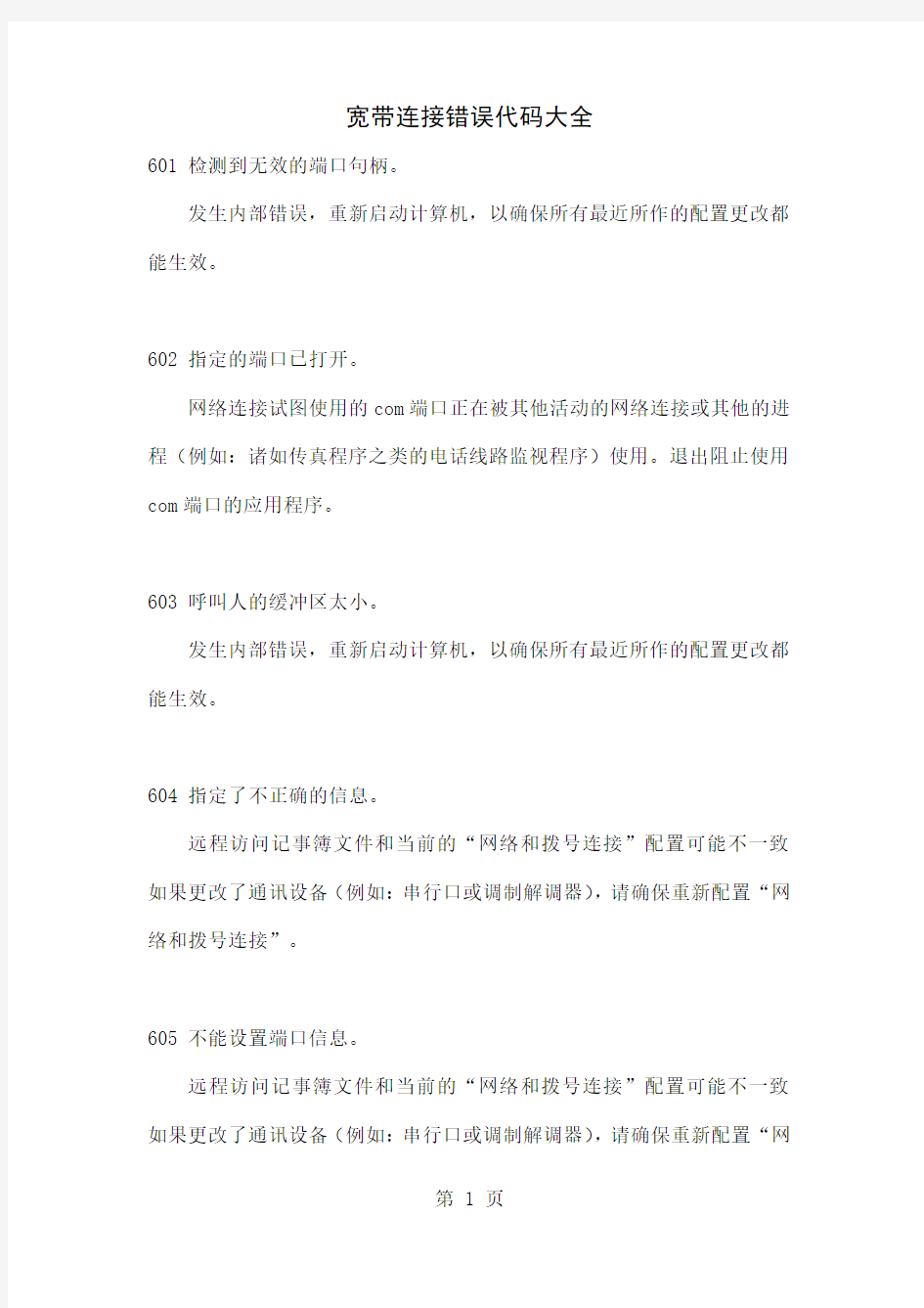 中国电信宽带连接错误代码大全-17页文档资料