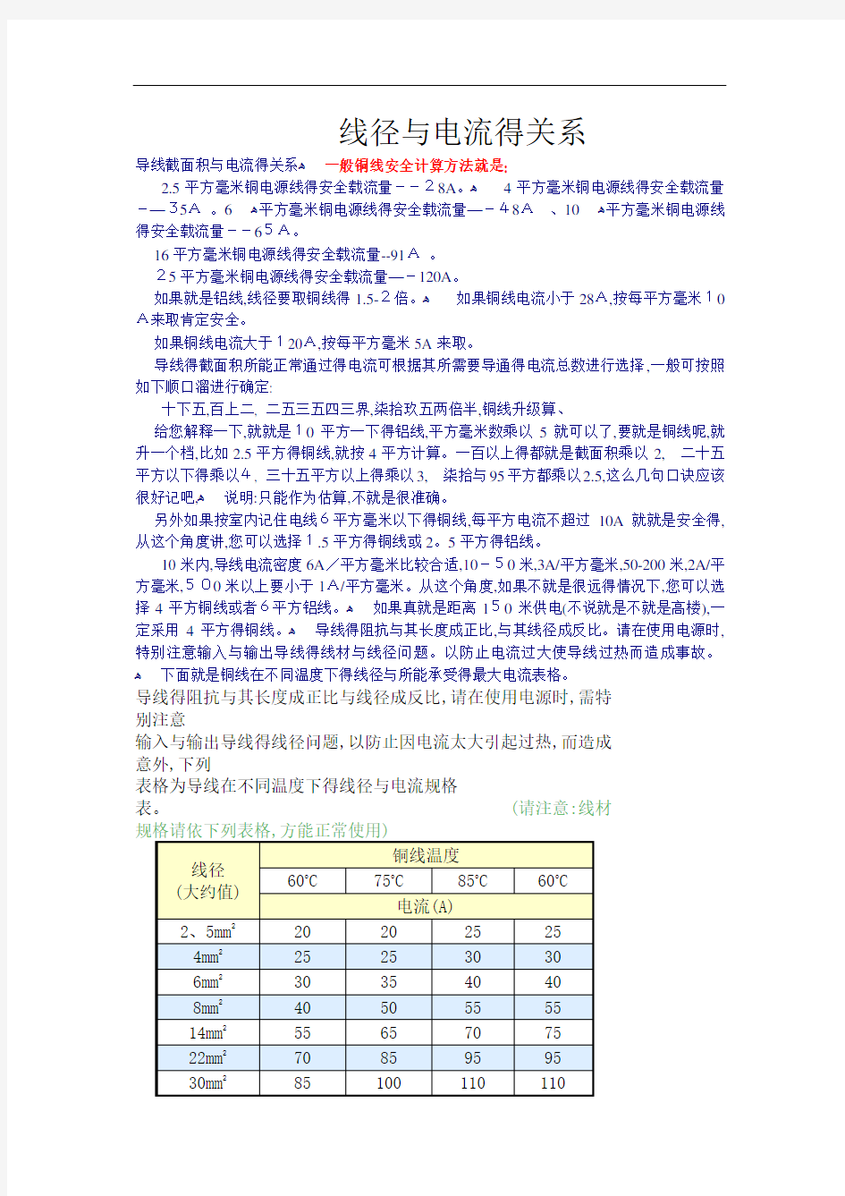 线径和电流的关系