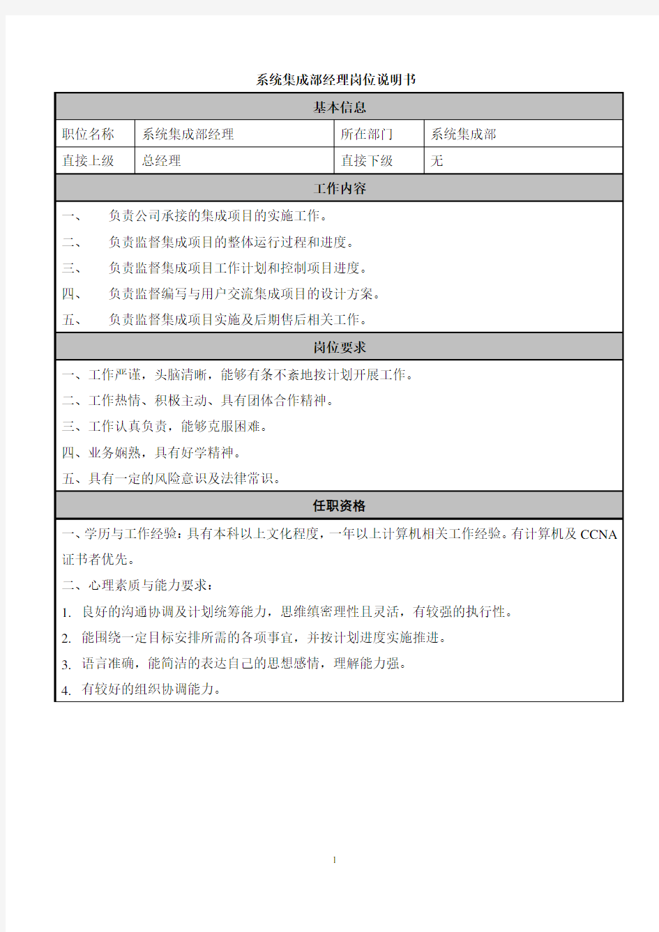 系统集成部经理岗位职责说明书