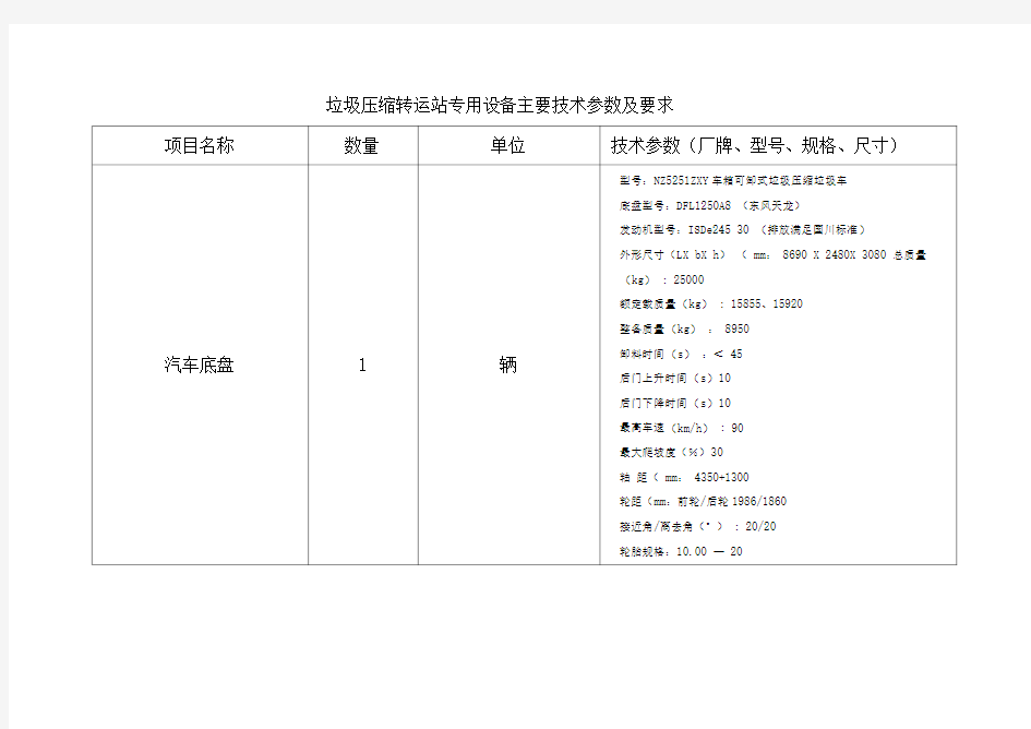 垃圾压缩转运站专用设备主要技术参数及要求