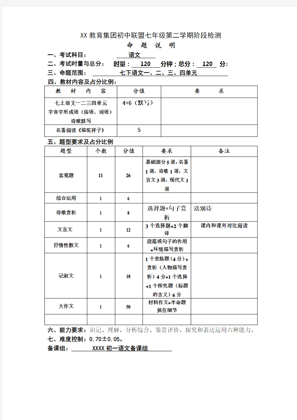 初一语文七年级第二学期语文月考命题说明