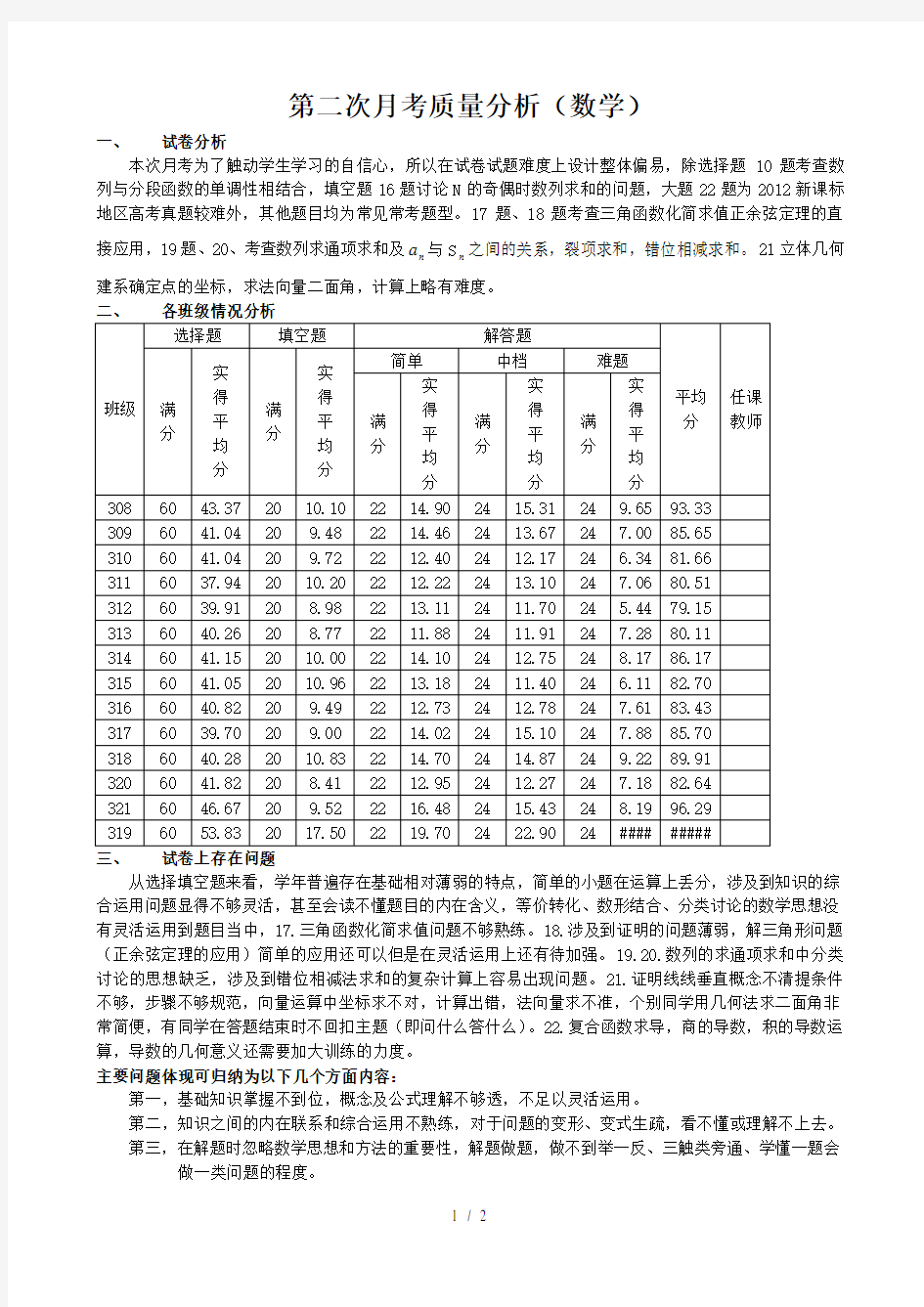 数学第二次月考质量分析