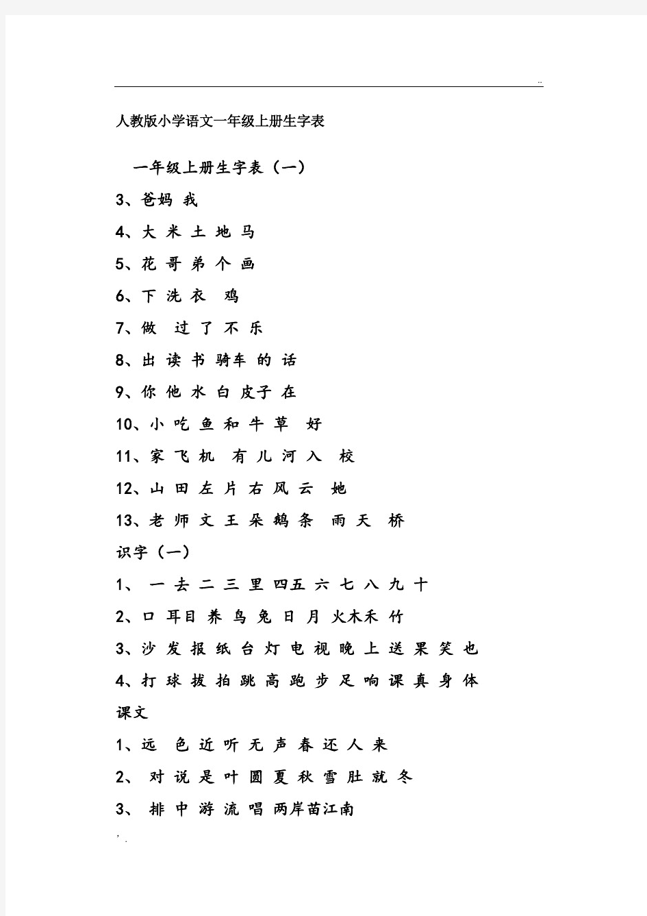 人教版小学语文全套生字表