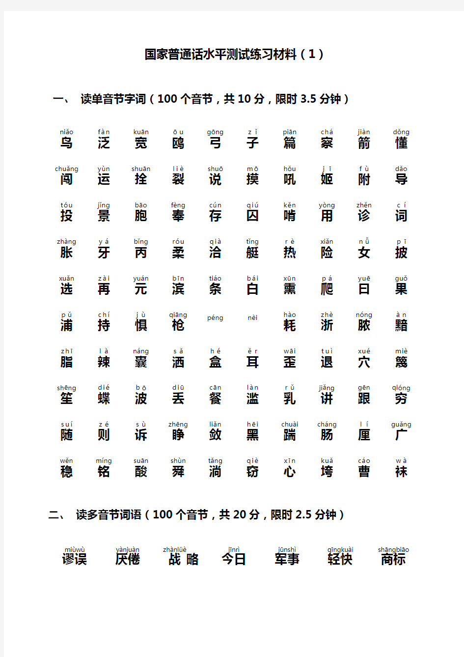 国家普通话水平测试练习材料(1~20)