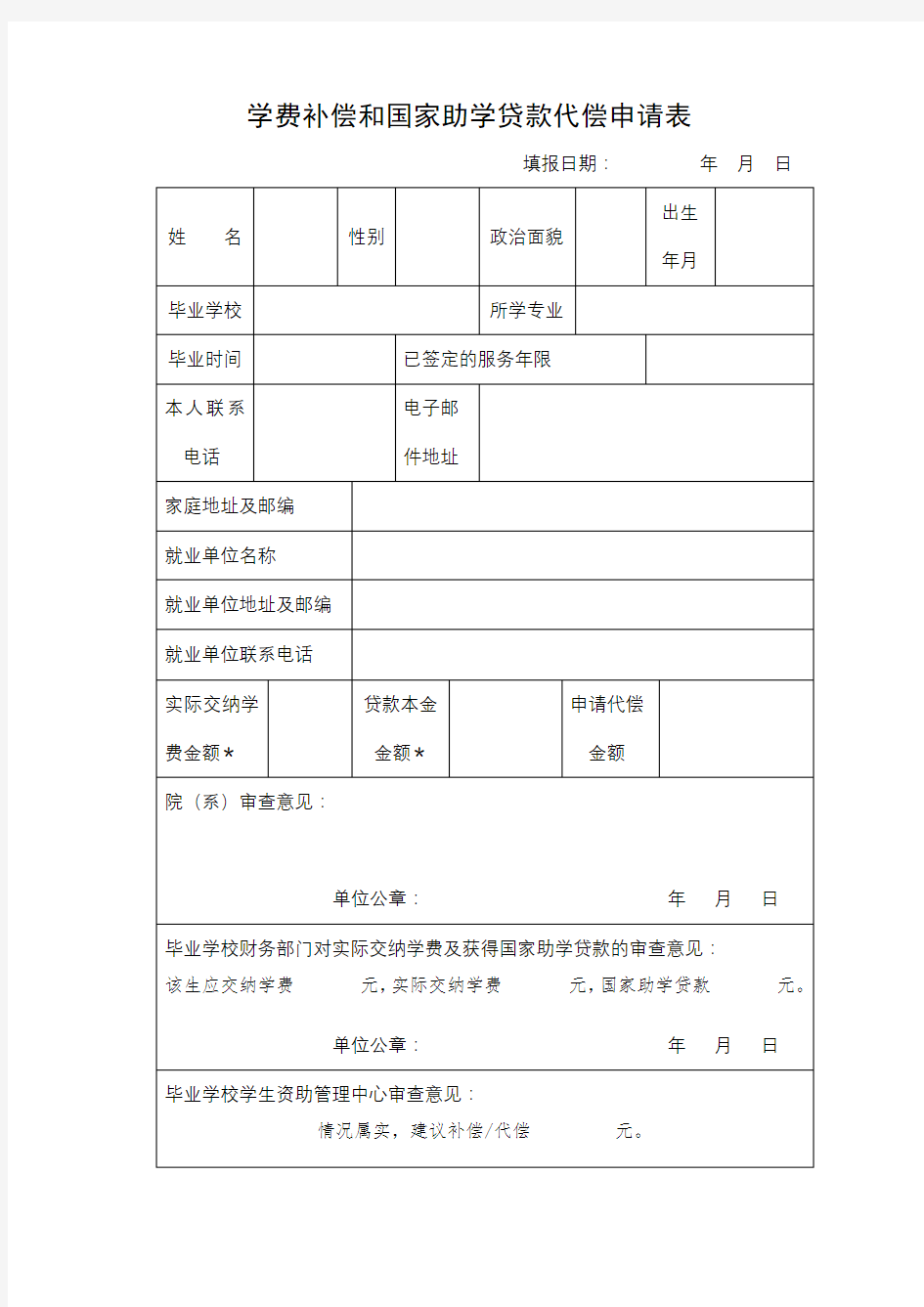 学费补偿和国家助学贷款代偿申请表【模板】