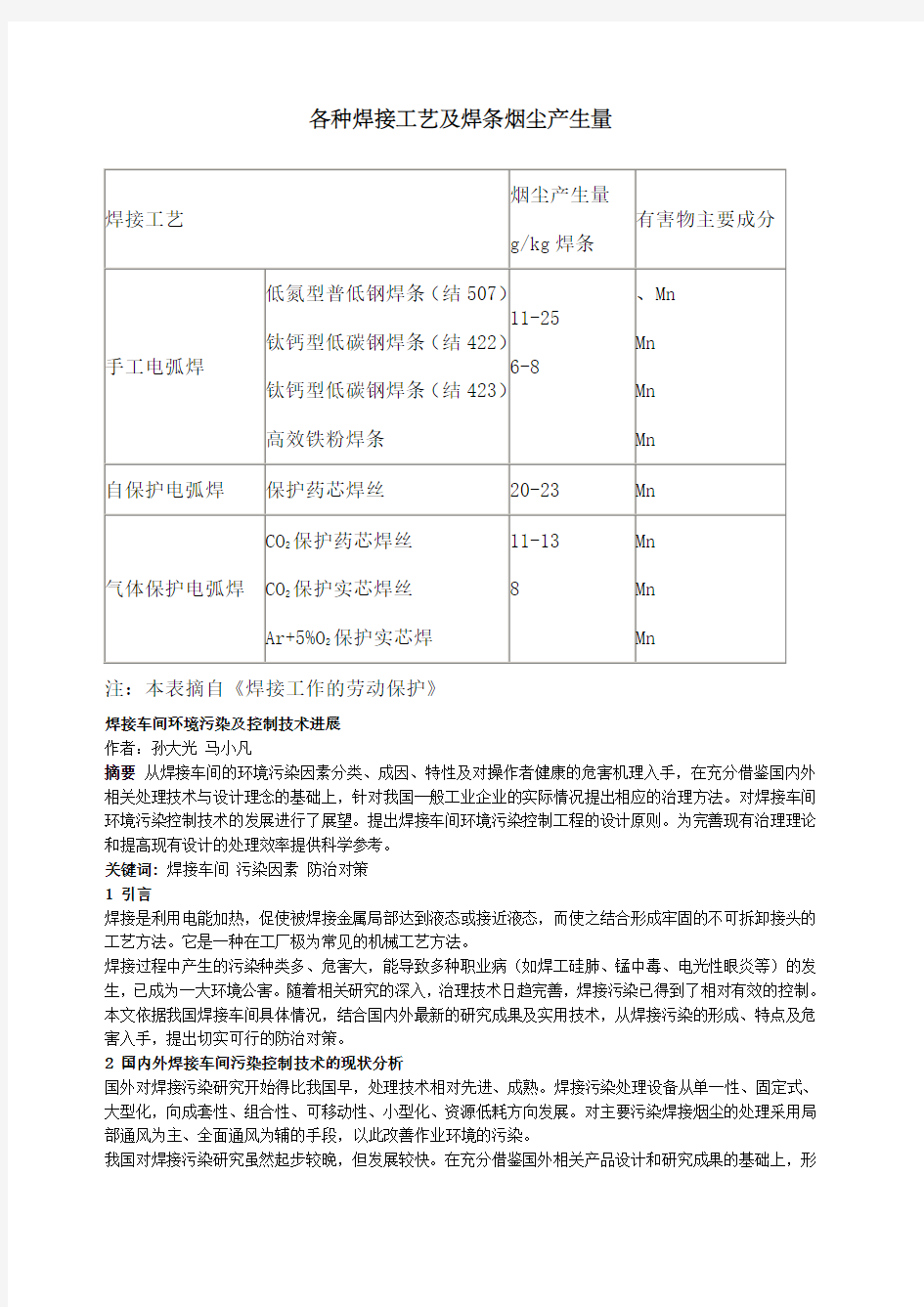 各种焊接工艺及焊条烟尘产生量