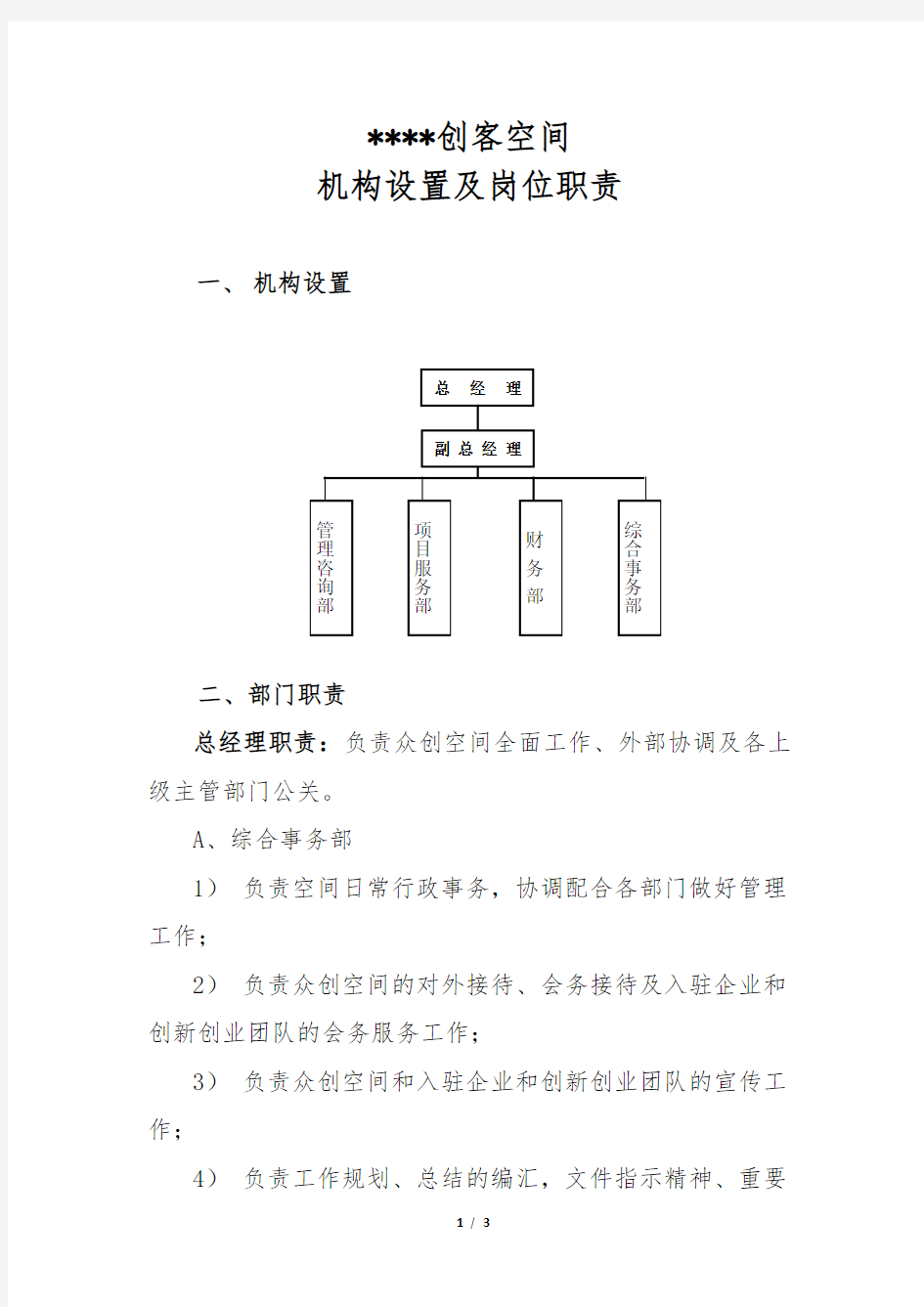 众创空间孵化器机构设置及岗位职责