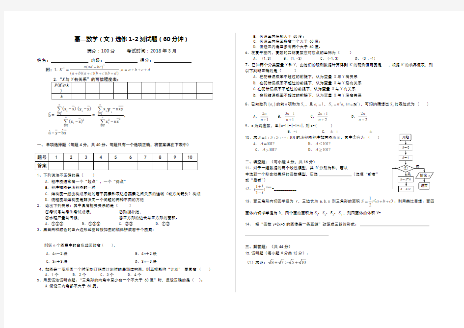 人教版高中高二文科数学选修1-2测试题